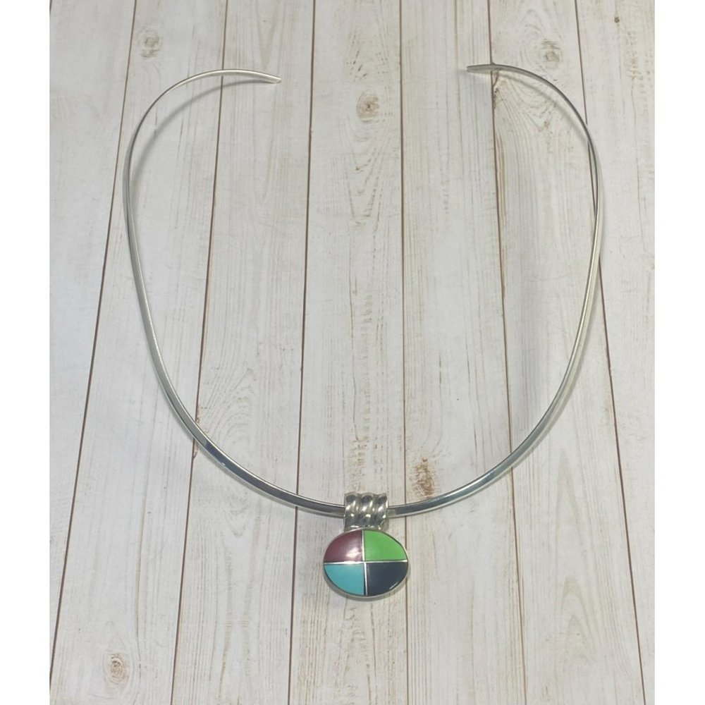 Vintage 925 Choker Necklace Multi Gemstone Pendant Modernist 15 inches - Picture 5 of 7